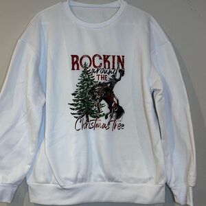NWT White “rocking around the Christmas tree” western women’s sweatshirt, Large.